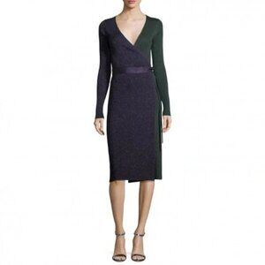 Diane Von Furstenberg DVF Green/Purple Long Sleeve Metallic Wool Knit Wrap Dress